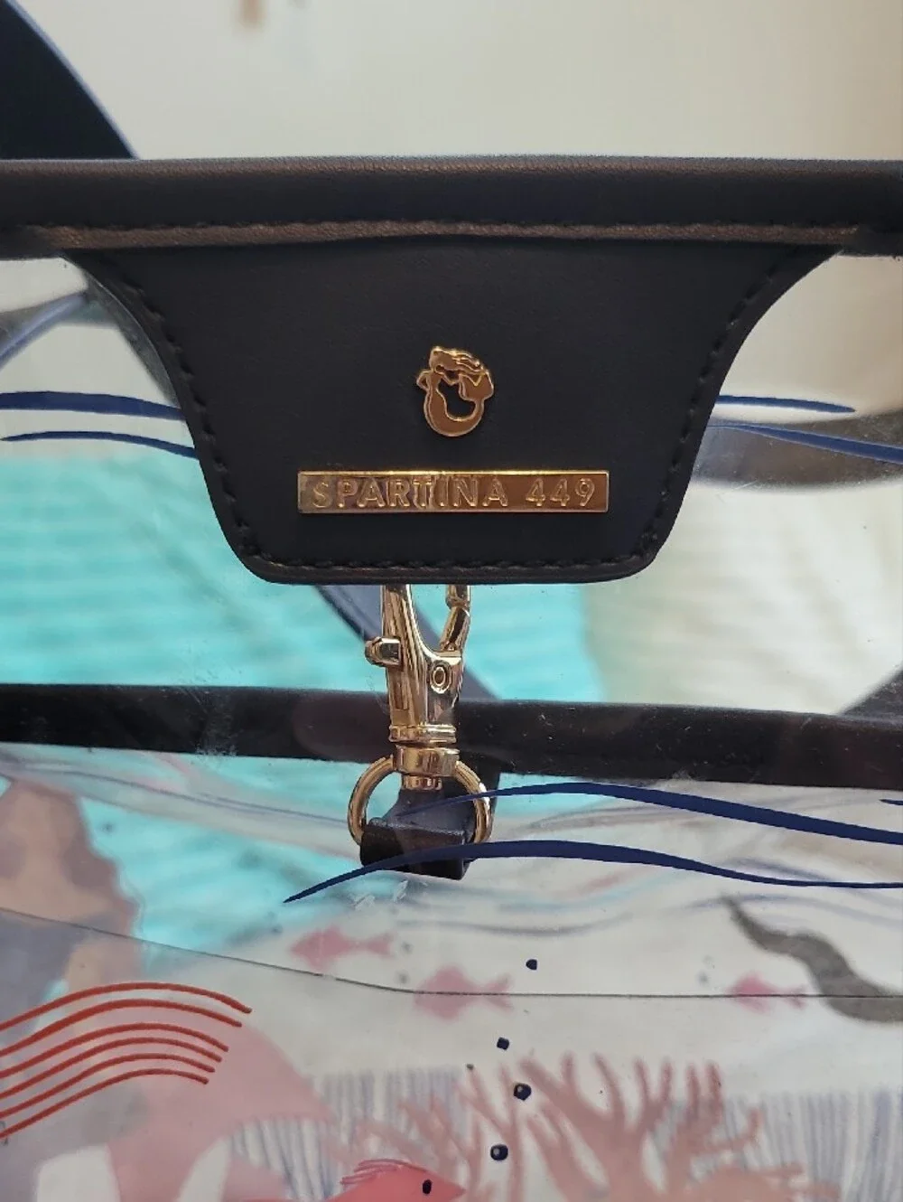 Spartina 449 Clear Mermaid-Print Tote with Navy Trim And Gold Hardware